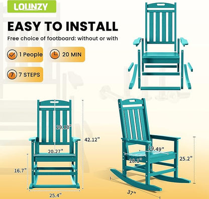LOUNZY Outdoor Rocking Chair with Footboards Set of 4, HDPE Rocking Chair Patio Porch Rocker with 380lbs Support for Adult, Aruba
