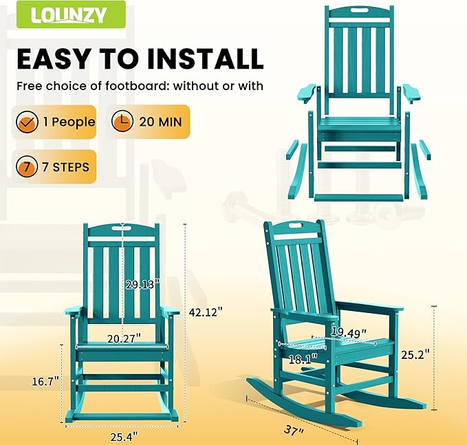 LOUNZY Outdoor Rocking Chair, HDPE Patio Rocking Chair with Footboard for Adults, All Weather Heavy Duty Front Porch Rocker, Aruba