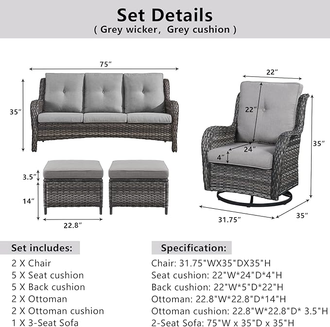 Belord 5 Piece Wicker Patio Furniture Set, Outdoor Swivel Rocker Chairs Set of 2 with Ottomans and 3 Seater Sofa - Photo 8