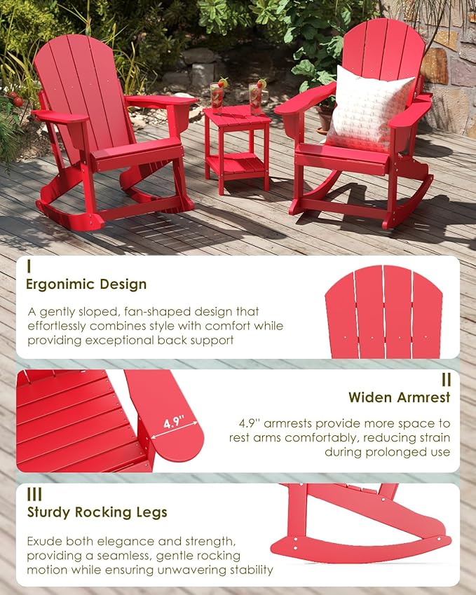 GREENVINES Adirondack Rocking Chairs Set of 4 | HDPE Plastic | Porch Rocker | Chair for Outdoor Patio Deck | All Weather | Red