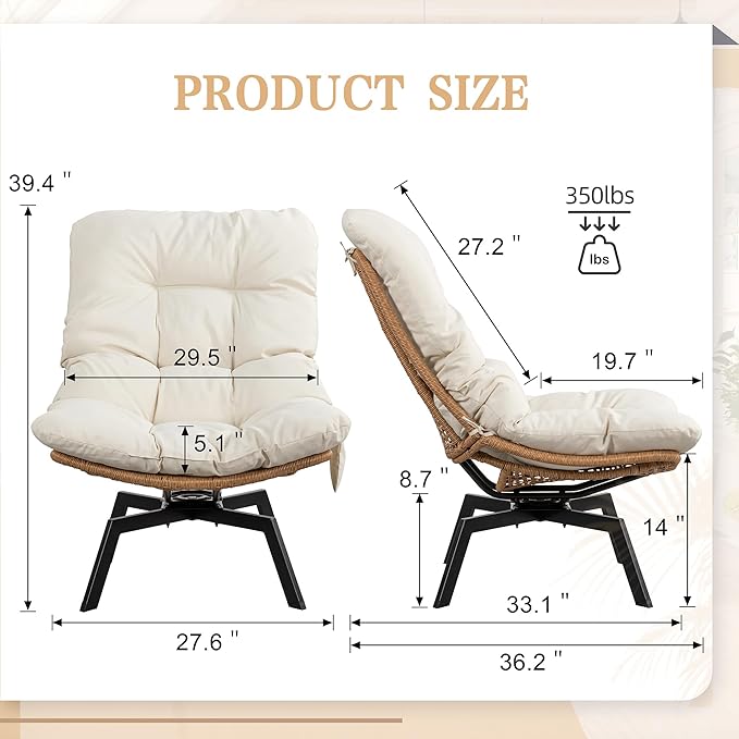 Vongrasig Swivel Wicker Chair PE Rattan Chair with Cushion, Oversized Patio Lounge Chair for Outdoor, Indoor, Balcony, Backyard, Garden, Living Room, Beige