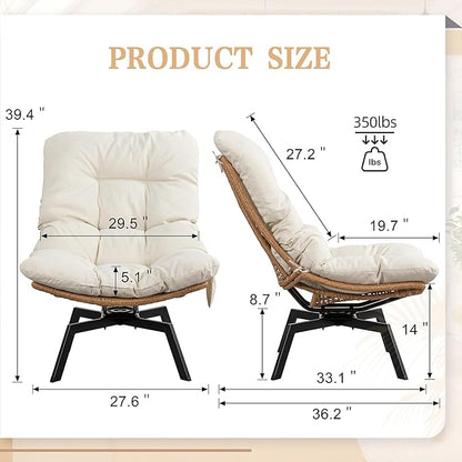 Vongrasig Swivel Wicker Chair PE Rattan Chair with Cushion, Oversized Patio Lounge Chair for Outdoor, Indoor, Balcony, Backyard, Garden, Living Room, Beige