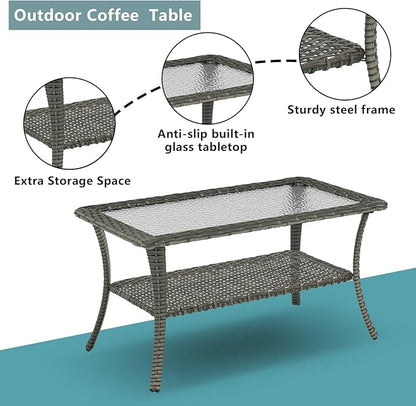 Rilyson Patio Tables Outdoor Coffee Table - Wicker Rattan Coffee Tables with 2-Tier Storage Shelf Glass Top for Outside Proch Deck Balcony Garden Rectangle Mixed Grey