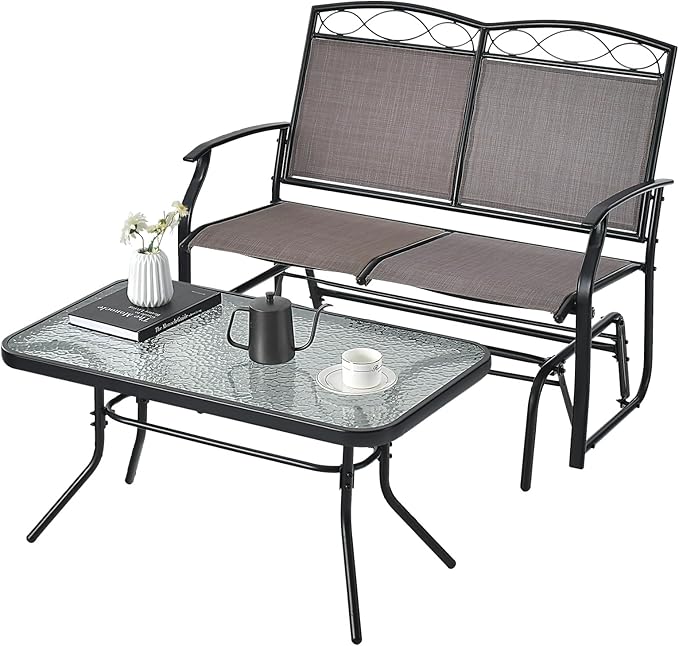 Tangkula 2 Pcs Patio Glider Conversation Set, Outdoor Gliding Loveseat w/Tempered Glass Coffee Table, Heavy-Duty Patio Furniture Set for Backyard, Porch, Poolside (2 PCS Patio Glider Set)