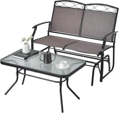 Tangkula 2 Pcs Patio Glider Conversation Set, Outdoor Gliding Loveseat w/Tempered Glass Coffee Table, Heavy-Duty Patio Furniture Set for Backyard, Porch, Poolside (2 PCS Patio Glider Set)