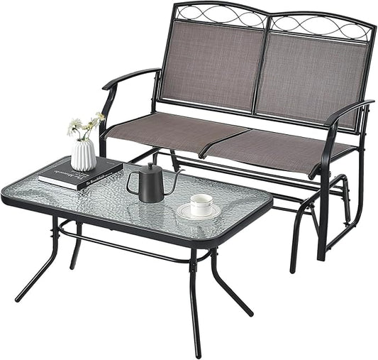Tangkula 2 Pcs Patio Glider Conversation Set, Outdoor Gliding Loveseat w/Tempered Glass Coffee Table, Heavy-Duty Patio Furniture Set for Backyard, Porch, Poolside (2 PCS Patio Glider Set)