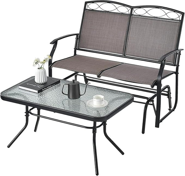 Tangkula 2 Pcs Patio Glider Conversation Set, Outdoor Gliding Loveseat w/Tempered Glass Coffee Table - Photo 1
