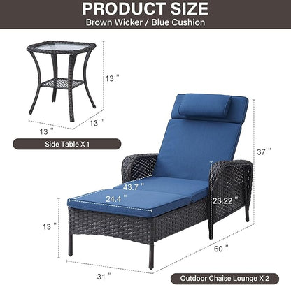 Belord 3 Piece Outdoor Chaise Lounge Patio Recliner - 75 Inch Adjustable Wicker Chaise Lounge with Soft Pillow Removable Cushions, All Weather Rattan Pool Lounge Chair Set of 2 for Poolside Brown/Blue