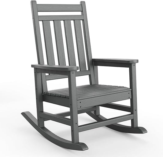 GarveeHome Adirondack Outdoor Rocking Chair, All Weather HDPE Plastic Patio Rocker Chair with Wide Armrests, Classic Fire Pit Chair for Porch, Deck, Lawn, Garde, 380LBs, Easy to Install, Grey