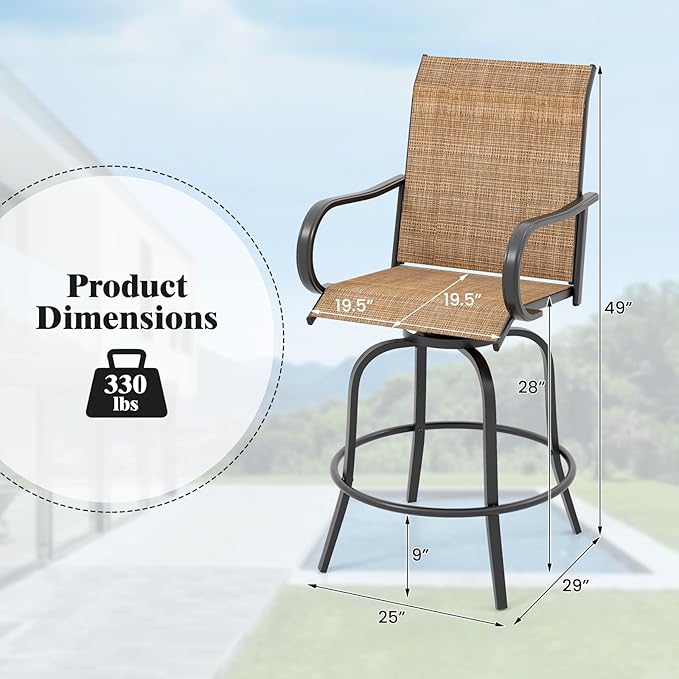Tangkula Outdoor Swivel Bar Stools Set of 2, Bar Height Tall Patio Chairs with Armrests & High Back - Photo 3