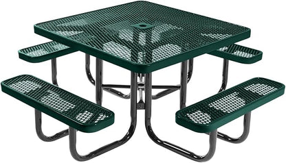 COATEDOUTDOORFURNITURE Heavy-Duty Portable Outdoor Picnic Table with Umbrella Hole, Expanded Metal Commercial-Grade Patio Dining Furniture Made in America (46" Square Top, Dark Green)