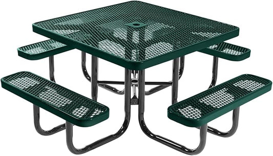 COATEDOUTDOORFURNITURE Heavy-Duty Portable Outdoor Picnic Table with Umbrella Hole, Expanded Metal Commercial-Grade Patio Dining Furniture Made in America (46" Square Top, Dark Green)