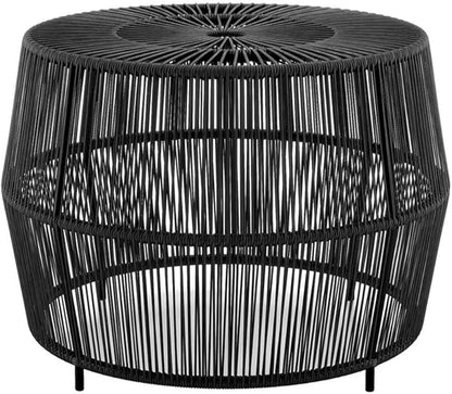 Round Outdoor Coffee Table, 21.7" W x 15.8" H, PE Wicker Rattan, Black Finish, Metal Frame, Lightweight Coastal Style, Weatherproof Design for Patio, Garden, Poolside, or Indoor Spaces