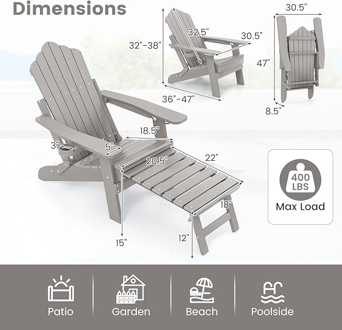 Giantex Folding Adirondack Chair, All-Weather Lounge Chair with Adjustable Backrest, Retractable Ottoman, Cup Holder, HIPS Fire Pit Chair for Lawn, Pool, Patio, Porch (1, Gray)