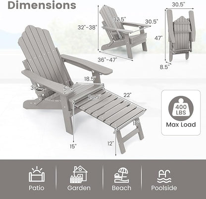 Giantex Folding Adirondack Chair, All-Weather Lounge Chair with Adjustable Backrest, Retractable Ottoman, Cup Holder, HIPS Fire Pit Chair for Lawn, Pool, Patio, Porch (1, Gray)