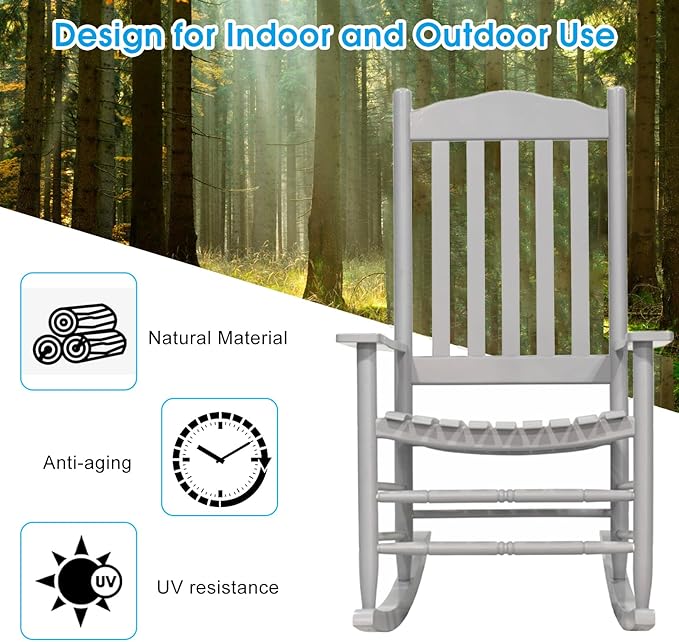 D&F Design Outdoor Rocking Rocker, Wood Rocking Chair with High Back and Curved Seat, UV Treated (Gray), Outoor and Indoor use