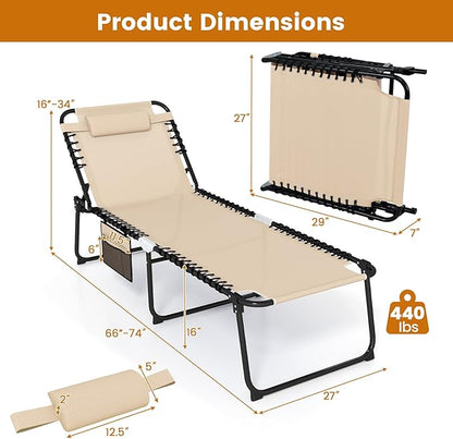 Goplus Extra Large Lounge Chair Outdoor, 27” Wide Folding 5-Position Tanning Chair with Detachable Pillow, Side Pocket, 16” High Chaise Lounger, 440LBS Capacity, Patio Lounge Chair for Yard Pool Yard
