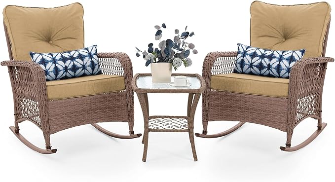 UDPATIO 3 Piece Patio Furniture Set, Wicker Rocking Bistro Set with 2 Rockers, 1 Side Table and 4‘’ Thick Cushions for Backyard, Porch, Balcony, Poolside, Brown/Khaki