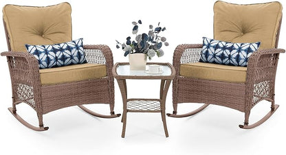 UDPATIO 3 Piece Patio Furniture Set, Wicker Rocking Bistro Set with 2 Rockers, 1 Side Table and 4‘’ Thick Cushions for Backyard, Porch, Balcony, Poolside, Brown/Khaki