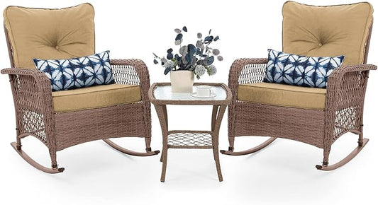 UDPATIO 3 Piece Patio Furniture Set, Wicker Rocking Bistro Set with 2 Rockers, 1 Side Table and 4‘’ Thick Cushions for Backyard, Porch, Balcony, Poolside, Brown/Khaki