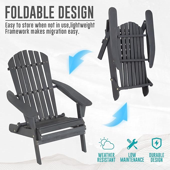 FDW Folding Adirondack Chairs Set of 2, All Weather Patio Chairs Outdoor Fire Pit Chairs for Patio Lawn Garden Backyard Deck Pool Beach