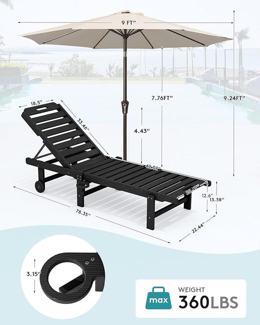 SERWALL Outdoor Chaise Lounge Set of 2 with 9FT Umbrella, HDPE Pool Lounge Chair with 5-Position Adjustable Backrest, Patio Lounger with Rolling Wheels & Cup Holder for Pool, Black