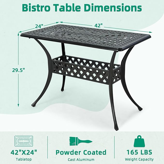 VIVIJASON 42" x 24" Cast Aluminum Outdoor Dining Table, Narrow Rectangular Bistro Table for Small Balcony, Rust Proof & Weather Resistant Patio Furniture for Backyard, Porch, Garden, Dark Bronze