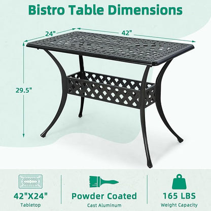 VIVIJASON 42" x 24" Cast Aluminum Outdoor Dining Table, Narrow Rectangular Bistro Table for Small Balcony, Rust Proof & Weather Resistant Patio Furniture for Backyard, Porch, Garden, Dark Bronze