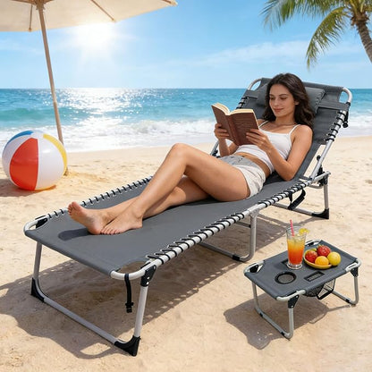 Backpack Sun Tanning Chair with Face Hole & Beach Table, 5-Position Adjustable Folding Lounge Chair Outdoor for Lawn Patio Garden