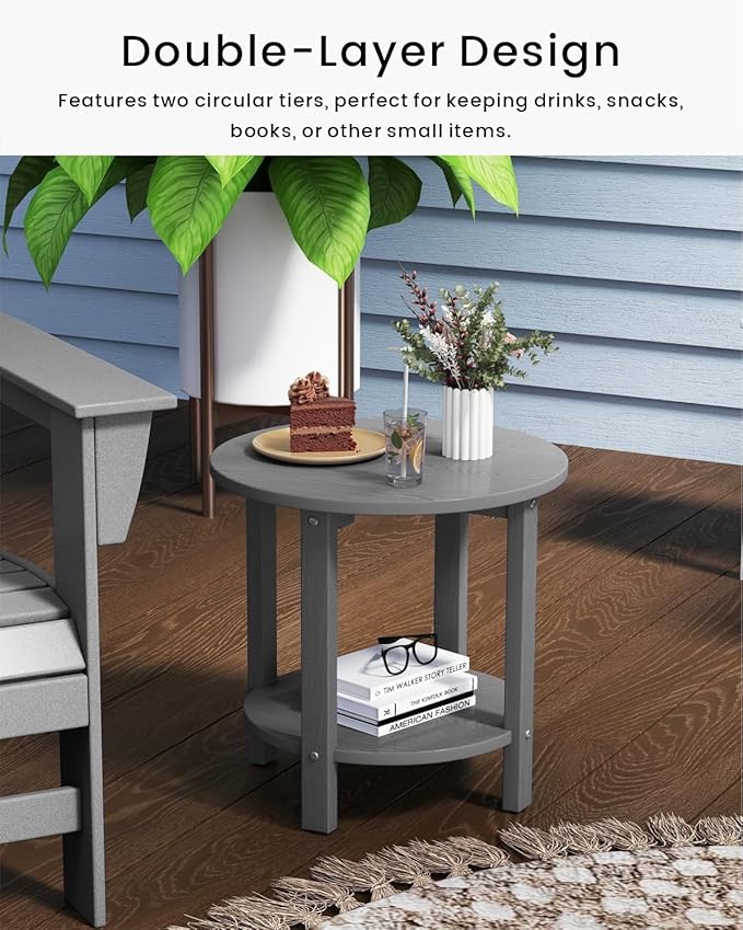 HDPE Outdoor Side Table for Patio, 18.1-Inch Weatherproof Small Outdoor Table for Adirondack, 2-Tier Round End Table for Garden Backyard Porch Deck Balcony Poolside, Grey