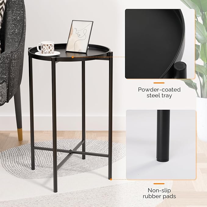 VINGLI Round Metal Side Table with Removable Tray, Outdoor Patio Coffee Table, Waterproof End Table for Small Spaces - Photo 5
