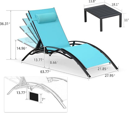 PURPLE LEAF Patio Oversized Chaise Lounge with 15FT Umbrella Outdoor Lounge Chair Beach Pool Sunbathing Lawn Lounger, Base and Side Table Included, Turquoise Blue