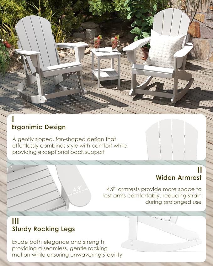 GREENVINES Adirondack Rocking Chair | HDPE Plastic | Porch Rocker | Chair for Outdoor Patio Deck | All Weather | White - Photo 7