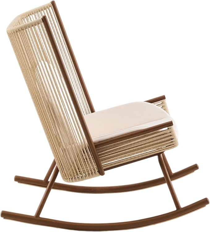 Christopher Knight Home Lumin Outdoor Rocking Chair, High Back PE Rattan Wicker Rocker with Metal Frame, Rocking Chair with Cushion, Comfort Rocker with Ergonomic Design for Patio or Lounge, Beige