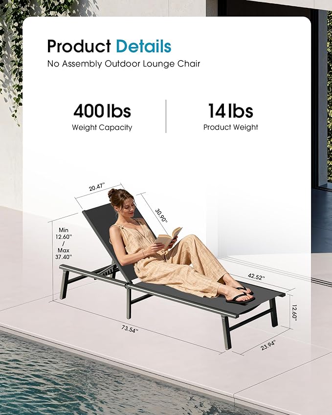Ciokea Foldable Outdoor Lounge Chair Set of 4, No Assembly Aluminum Chaise Lounge Outdoor with 5-Positions, Aluminum Pool Lounge Chairs with Portable Design for Poolside, Beach, Deck, Patio, Grey