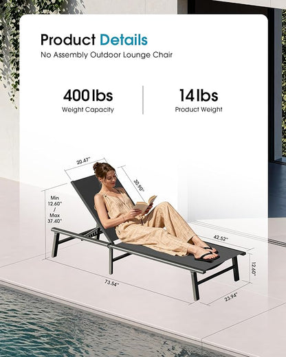 Ciokea Foldable Outdoor Lounge Chair Set of 4, No Assembly Aluminum Chaise Lounge Outdoor with 5-Positions, Aluminum Pool Lounge Chairs with Portable Design for Poolside, Beach, Deck, Patio, Grey