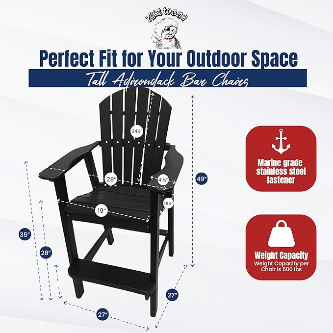 Phat Tommy Tall Adirondack Chair - HDPE Outdoor Furniture - Poly Adirondack Bar Stool - Heavy, Stress Free Furniture for Balcony, Deck, Patio, Front Porch, Black