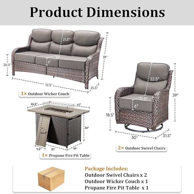 Luxury High Back Patio Furniture Set with 6-Inch Thick Cushions, 4-Pieces Outdoor Furniture with Swivel Chairs Fire Pit - Photo 6