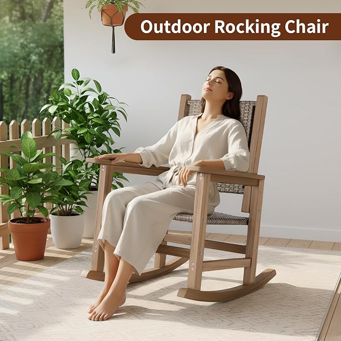 HDPE Outdoor Rocking Chair Set of 2, Wicker Rocking Chair for Adult, All Weather Rocking Chair Outdoor for Porch, Garden, Lawn, and Balcony (Brown)