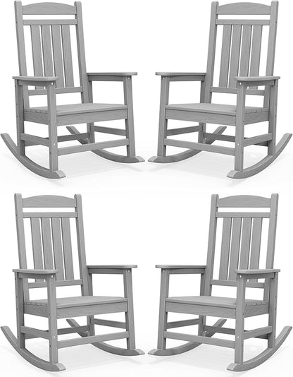 SERWALL HDPE Outdoor Rocking Chair Set of 4, Oversized Patio Rocking Chairs, All-Weather Porch Rockers for Adults, Light Gray