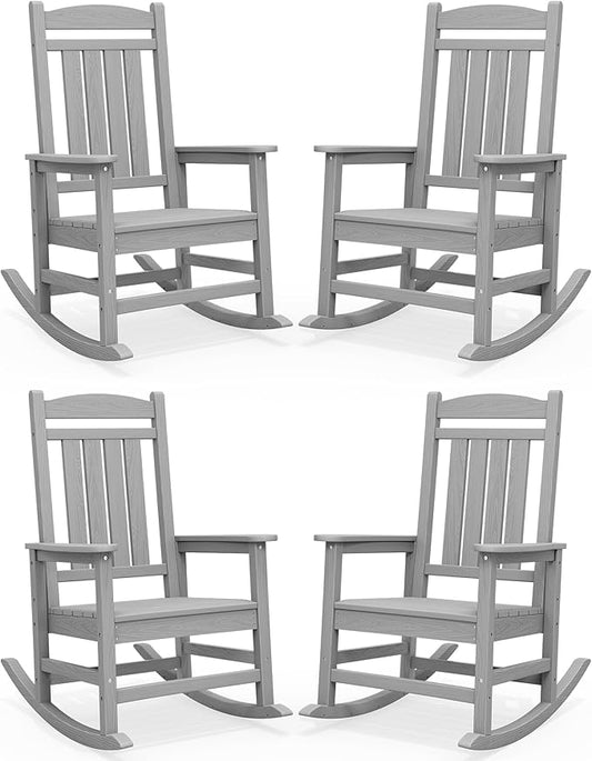 SERWALL HDPE Outdoor Rocking Chair Set of 4, Oversized Patio Rocking Chairs, All-Weather Porch Rockers for Adults, Light Gray