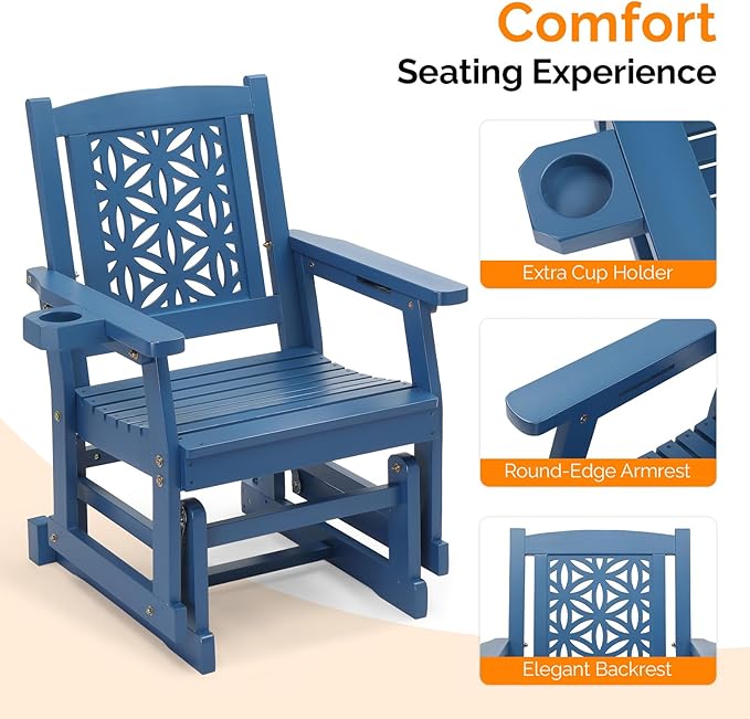 VINGLI Fir Wood Outdoor Glider with Floral Backrest, Wooden Patio Gliding Bench with Cup Holders - Photo 4