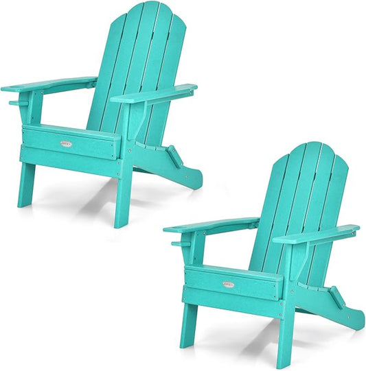 Tangkula Outdoor Folding Adirondack Chair, HDPE Armchairs with Cup Holder, Weather Resistant Lounger Chair for Patio Garden Fire Pit Backyard, Lawn Porch Seating, Adirondack Lounger (2, Turquoise)