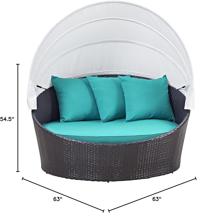 Modway Convene Wicker Rattan Outdoor Patio Retractable Canopy Round Poolside Sofa Daybed in Espresso Turquoise - Photo 3