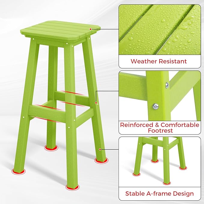 Costaelm 29" Height Outdoor Bar Stools, All-Weather Bar Stools, Adirondack Poly Patio Square Bar Stool for Patio, Deck, Kitchen Counter and Garden, Lime