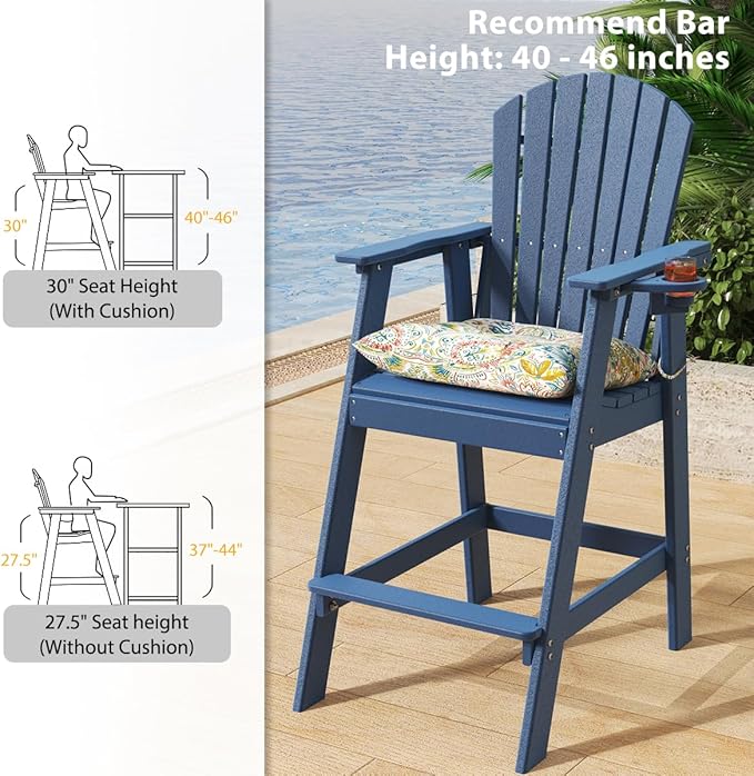Sundale Outdoor Adirondack Bar Chairs Set of 2, Patio HDPE Bar Stools with Backrest - Photo 3