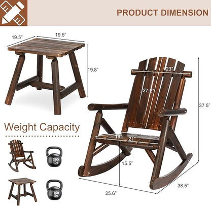HOMEDIARY 3-Piece Outdoor Wood Rocking Bistro Set, Adirondack Rocker Chair Set with 2 Rockers and A Coffee Table, Patio Wooden Conversation Set for Garden, High Fanned Back & Slatted Seat, Carbonized