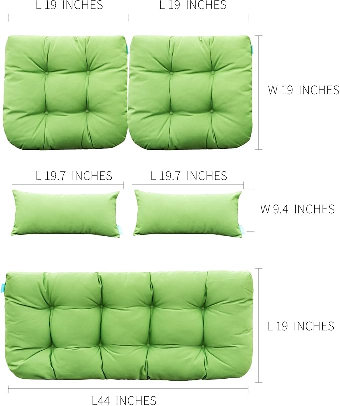 QILLOWAY Patio Cushions, 5 Piece Set - Outdoor Wicker Seat Cushions for Loveseat/Bench, All Weather, Green, Polyester Fill, Medium Firmness, Recyclable
