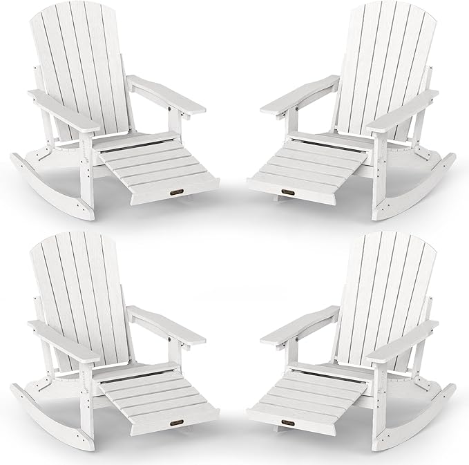 Adirondack Rocking Chair with Retractable Ottoman Set of 4, 4-in-1 Foldable Reclining Patio Chair, HDPE Wood-Look Outdoor Rocker for Porch, Garden & Poolside, White