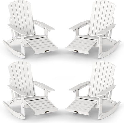 Adirondack Rocking Chair with Retractable Ottoman Set of 4, 4-in-1 Foldable Reclining Patio Chair, HDPE Wood-Look Outdoor Rocker for Porch, Garden & Poolside, White